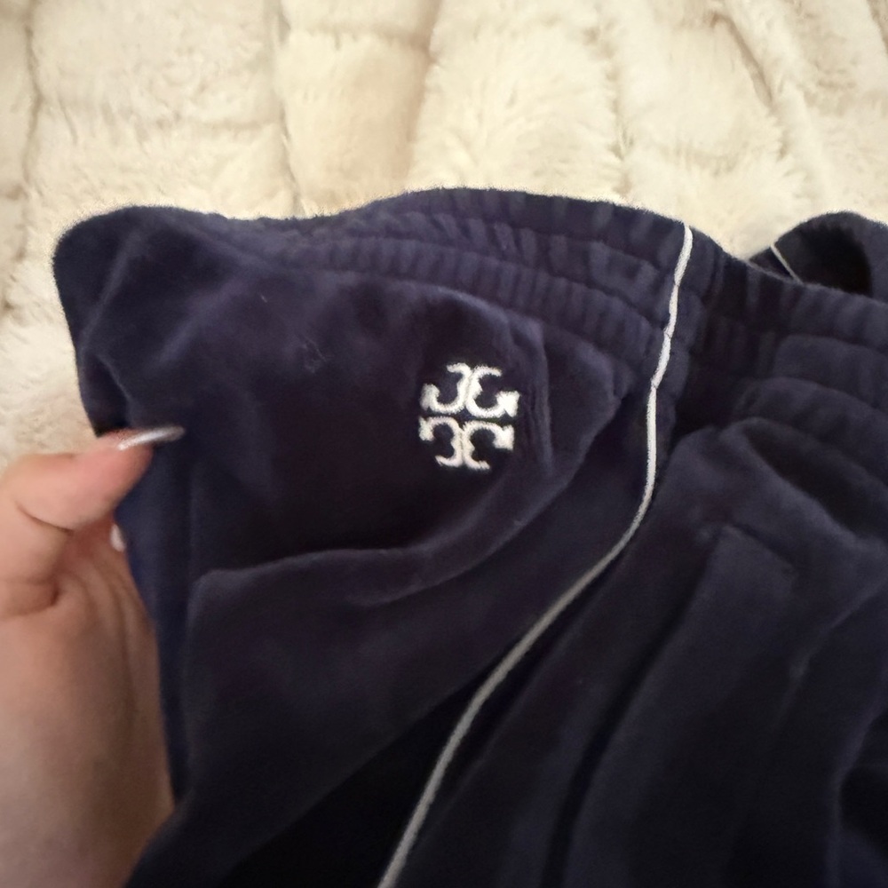 Navy Velour Track Pants with White Logo